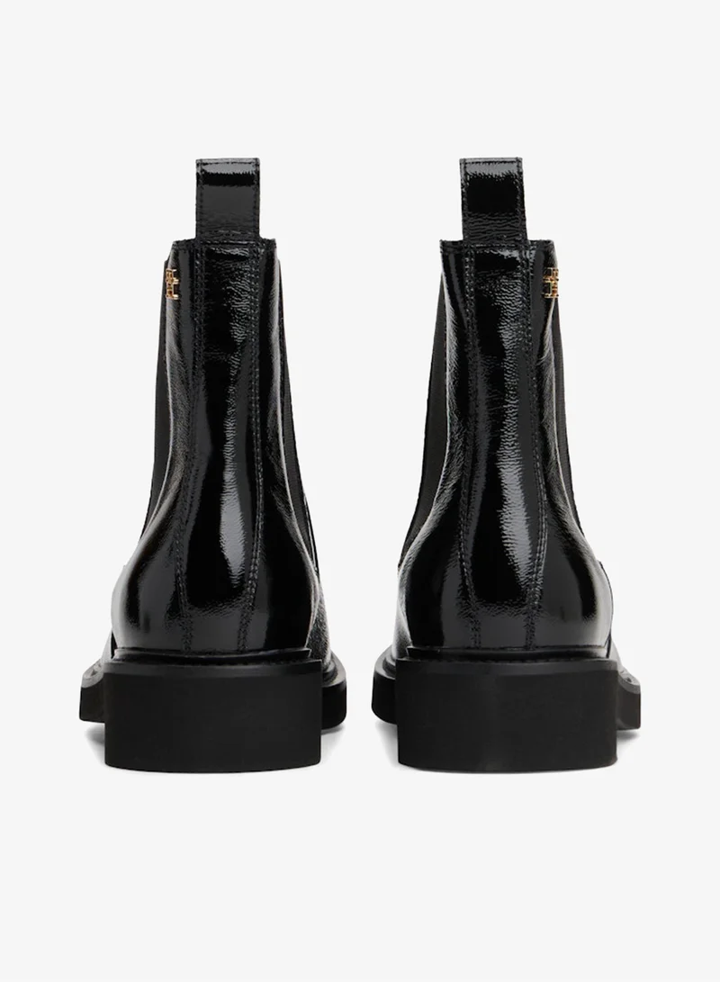 Tommy Hilfiger Black Patent Crinkle Leather Chelsea Boots for Women | Best Price UAE